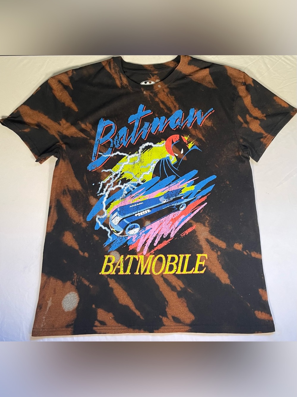 Upcycled Reverse Dye Batman Batmobile Graphic Tee Size L 90s Retro DC Comics